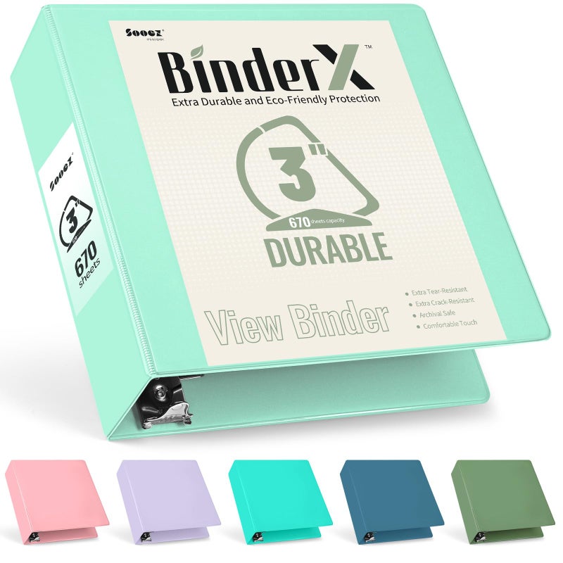 سويز مجلد Sooez BinderX فائق المتانة مقاس 3 بوصات مكون من 3 حلقات، مجلدات كبيرة على شكل حرف D، تحمل 670 ورقة من ورق مقاس 8.5 × 11، غطاء عرض قابل للتخصيص مع جيوب داخلية، مجلد ذو 3 حلقات عالي التحمل للمدرسة، أخضر فاتح - Image 1